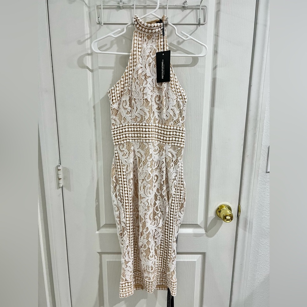 Pretty Little Thing white lace, high-neck dress